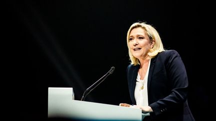 Marine Le Pen, à Perpignan (Pyrénées-Orientales), le vendredi 7 avril 2022. (JC MILHET / HANS LUCAS / AFP)