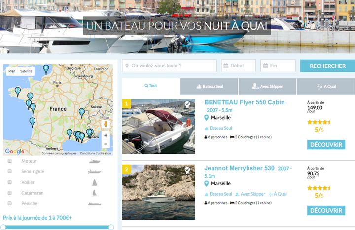 Le site de l'une des plateformes spécialisées dans la location de bateaux à quai entre particuliers. (CAPTURE D'ÉCRAN / SAMBOAT.FR)