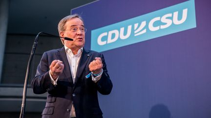 Le président de la CDU Armin Laschet, lors d'une conférence de presse à Berlin (Allemagne), le 11 avril 2021. (MICHAEL KAPPELER / DPA / VIA AFP)