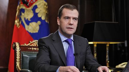 Le pr&eacute;sident russe Dmitri Medvedev lors d'un discours &agrave; la r&eacute;sidence de Gorki (Russie), le 2 d&eacute;cembre 2011. (RIA NOVOSTI / AFP)