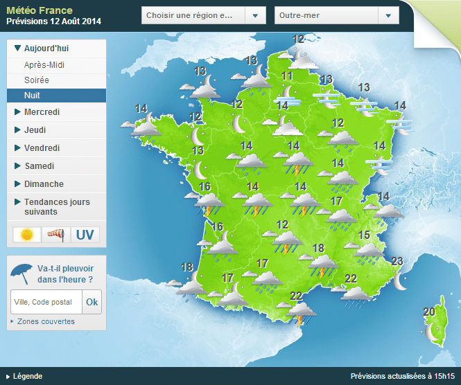 Carte de pr&eacute;vision de M&eacute;t&eacute;o France pour la nuit du 12 au 13 ao&ucirc;t 2014. (METEO FRANCE)