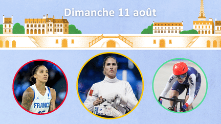 Gabby Williams (basket-ball), Elodie Clouvel (pentathlon moderne) et Valentine Fortin (cyclisme sur piste) à l'affiche du programme du 11 août des Jeux olympiques de Paris. (Franceinfo - AFP)