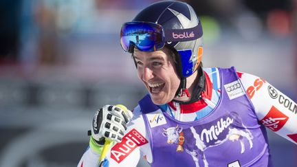 Le skieur français Valentin Giraud-Moine explose de joie après sa descente à Kvitfjell