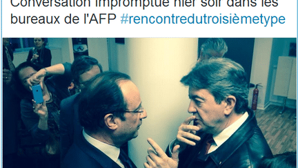 Capture d'&eacute;cran d'un tweet d'un journaliste d'Europe 1, lors d'une rencontre entre Fran&ccedil;ois Hollande et Jean-Luc M&eacute;lenchon, &agrave; l'ocassion d'un pot de d&eacute;part &agrave; l'AFP, le 3 avril 2014, &agrave; Paris. (ALEXANDRE KARA / TWITTER)