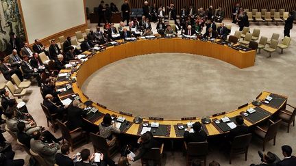 Les membres du Conseil de s&eacute;curit&eacute; de l'ONU lors du vote de nouvelles sanctions contre la Cor&eacute;e du Nord, le 7 mars 2013 &agrave; New York (Etats-Unis).&nbsp; (SPENCER PLATT / GETTY IMAGES / AFP)