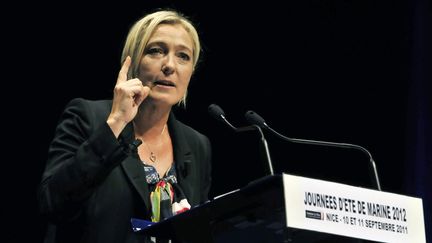 Marine Le Pen lors des journ&eacute;es d'&eacute;t&eacute; du Front national, le 11 septembre 2011, &agrave; Nice (Alpes-Maritimes). (JEAN-PIERRE AMET / AFP)