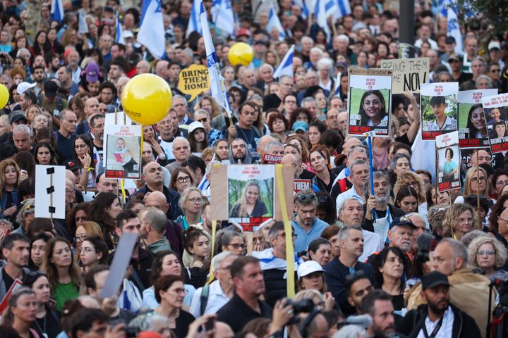 Families of Israeli hostages in Jerusalem, November 18, 2023. (GIL COHEN-MAGEN / AFP)