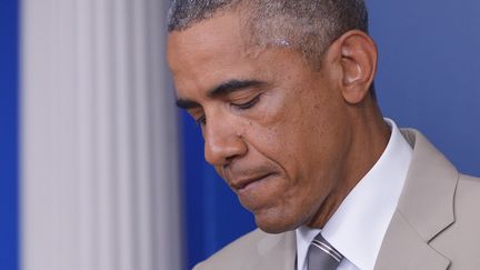 Barack Obama lors d'une conf&eacute;rence de presse donn&eacute;e &agrave; la Maison Blanche (Washington), jeudi 28 ao&ucirc;t 2014. (MANDEL NGAN / AFP)