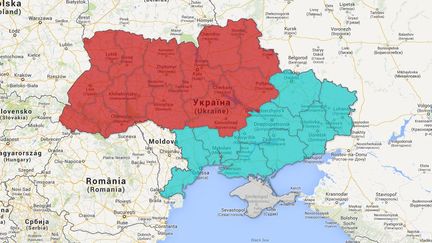 Cette carte monte ce &agrave; quoi pourrait ressembler l'Ukraine si le pays &eacute;tait divis&eacute; en fonction des langues principalement parl&eacute;es : ukrainien ou russe. ( GOOGLE MAPS / FRANCETV INFO )