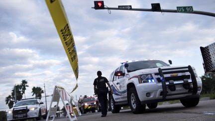 Des véhicules d'urgence au niveau d'un barrage routier, mis en place à la suite des explosions survenues dans l'usine chimique Arkema, à Crosby, au Texas (Etats-Unis), le 31 août 2017. (BRENDAN SMIALOWSKI / AFP)