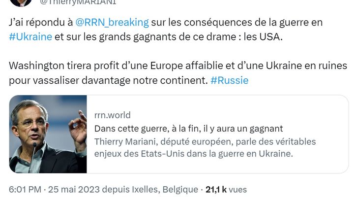 Capture d’écran d’une publication sur X (ex-Twitter) de l’eurodéputé RN Thierry Mariani, le 25 mai 2023. (X.COM)