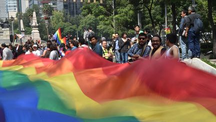 Des membres des communautés lesbiennes, gays, bisexuelles et transgenres (LGBT) participent à une manifestation en faveur de l'égalité du mariage et contre la haine et la discrimination autour de la place Independence Angel à Mexico, le 24 septembre 2016. (YURI CORTEZ / AFP)