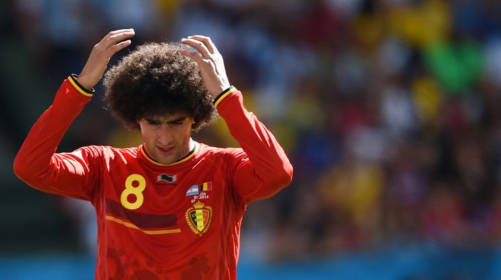 Le Belge Marouane Fellaini lors du quart de finale de la Coupe du monde contre l'Argentine, &agrave; Brasilia (Br&eacute;sil), le 5 juillet 2014. (PEDRO UGARTE / AFP)