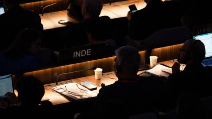 La délégation de l'Inde à l'Unesco, à Paris, le 27 mai 2023, où se tient une session de négociations internationales pour mettre fin à la pollution plastique. (STEPHANE MOUCHMOUCHE / HANS LUCAS VIA AFP)