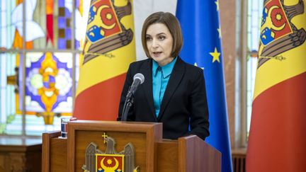 La présidente moldave Maia Sandu lors d'une conférence de presse à Chișinău (Moldavie), le 13 février 2023. (DUMITRU DORU / EPA / MAXPPP)