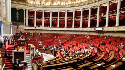 L'hémicycle de l'Assemblée nationale, à Paris, le 9 août 2023. (LAURE BOYER / HANS LUCAS / AFP)