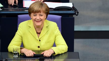 La chanceli&egrave;re allemande&nbsp;Angela Merkel, le 21 mai 2015, au Bundestag &agrave; Berlin. (JOHN MACDOUGALL / AFP)