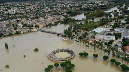 La ville de Trèbes inondée après les intempéries qui ont frappé l'Aude, lundi 15 octobre 2018. (SYLVAIN THOMAS / AFP)