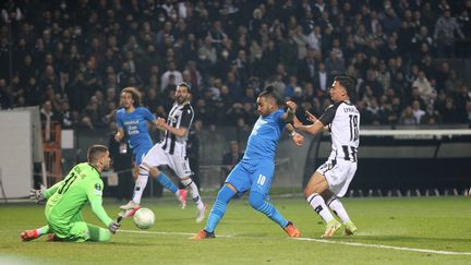 Dimitri Payet, buteur face au PAOK Salonique en quart de finale retour de Ligue Europa conférence, le 14 avril 2022 à Thessalonique (Grèce). (MAXPPP)