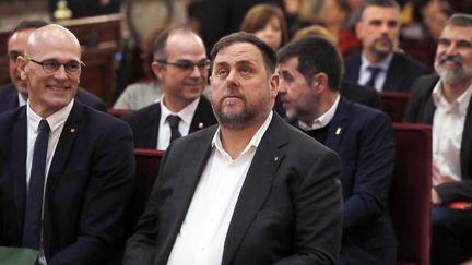 L'ancien vice-président catalan Oriol Junqueras lors de l'audience au Tribunal suprême espagnol, le 12 février 2019 à Madrid. (J.J.GUILLEN / AFP)