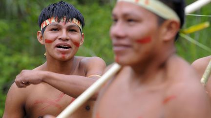 Des Indiens Waorani d'Equateur dans le parc national&nbsp;Yasuni en pleine for&ecirc;t amazonienne, le 21 ao&ucirc;t 2010. (RODRIGO BUENDIA / AFP)