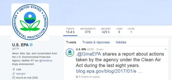 Capture d'écran du compte Twitter de l'Agence de protection de l'environnement, silencieux depuis le 19 janvier;&nbsp; (EPA / TWITTER)