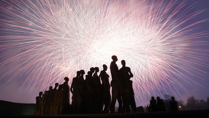 Feux d'artifices au-dessus du m&eacute;morial pour les victimes de l'Holocauste &agrave; Moscou (Russie), le 9 mai 2014. (REUTERS)