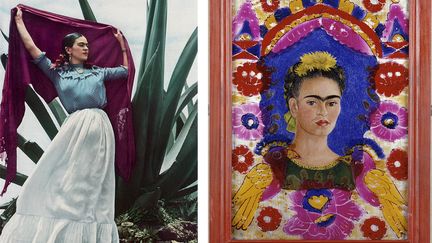 Exposition "Frida Kahlo. Au-delà des apparences" au Palais Galliera.&nbsp;A gauche : photo de Toni Frissell pour le US Vogue en 1937. A droite : tableau The Frame de Frida Kahlo de 1938&nbsp; (Toni Frissell/Centre Pompidou, MNAM-CCI, Dist. RMN-Grand Palais / Jean-Claude Planchet © Banco de México D. Rivera F. Kahlo Museums Trust / ADAGP, Paris 2022)