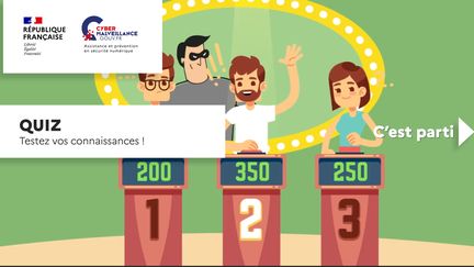 L'écran de démarrage du quiz “SensCyber“ d'e-sensibilisation aux menaces cyber sur la plateforme cybermalveillance.gouv.fr (cybermalveillance.gouv.fr)