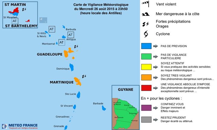 &nbsp; (Quatre îles des Antilles françaises sont concernées par le passage de la tempête Erika © Météo France)