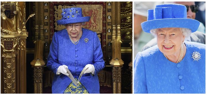 (De gauche à droite) La reine Elizabeth II au Parlement, le 21 juin 2017 ; la reine le 1er juin 2019 à&nbsp;Epsom, en Angleterre.&nbsp; (CARL COURT / MAX MUMBY)