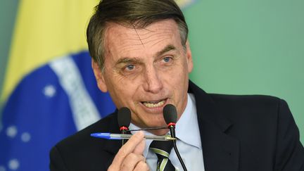 Le président brésilien Jair Bolsonaro brandit un stylo Bic lors de la signature d'un décret, à Brasilia, le 15 janvier 2019. (EVARISTO SA / AFP)