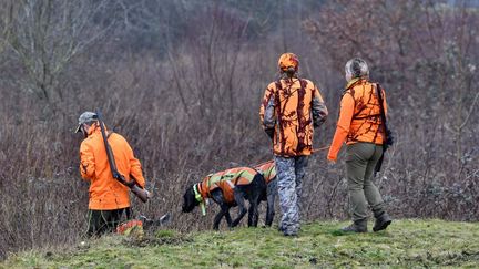 Des chasseurs et des chiens, dans le Doubs, le 30 octobre 2023. (DOMINIQUE DELFINO / BIOSPHOTO / AFP)