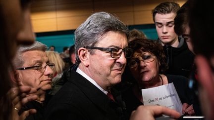 Jean-Luc Mélenchon, le 28 mars 2019, lors d'un meeting de Manon Aubry pour les élections européennes à Saint-Brieuc (Côtes-d'Armor). (MARTIN BERTRAND / HANS LUCAS / AFP)