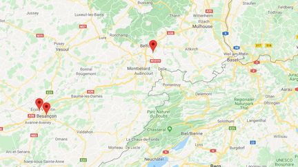 Les suspects ont commis au moins onze braquages&nbsp;à Besançon et dans son agglomération : à Pirey, à Frasnois et jusque dans le territoire de Belfort, en février dernier. (CAPTURE D'ECRAN GOOGLE MAPS)