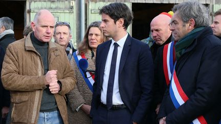 Le Premier ministre Gabriel Attal échange avec des agriculteurs lors d'une visite dans une exploitation maraîchère à Parçay-Meslay (Indre-et-Loire), le 28 janvier 2024. (ALAIN JOCARD / AFP)