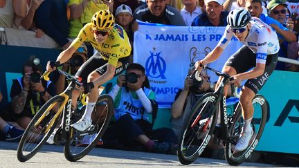 Jonas Vingegaard et Tadej Pogacar lors de la 15e étape du Tour de France. (MARTIN DIVISEK / MAXPPP)