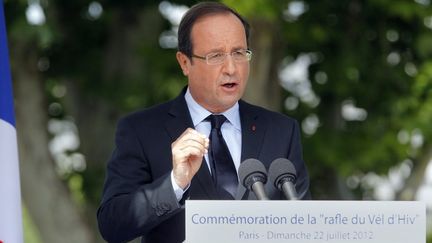 Fran&ccedil;ois Hollande lors de son discours de comm&eacute;moration du 70e anniversaire de la rafle du V&eacute;l' d'Hiv, le 22 juillet 2012 &agrave; Paris.&nbsp; (JACQUES BRINON / AFP)