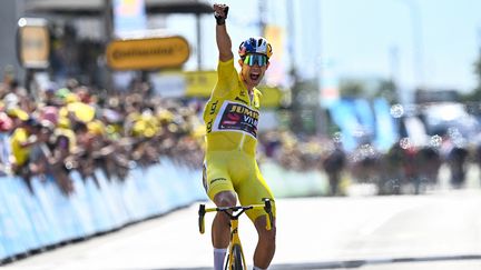 La joie de Wout van Aert, vainqueur en solitaire de la 4e étape du Tour de France 2022, le 5 juillet 2022. (ANNE-CHRISTINE POUJOULAT / AFP)