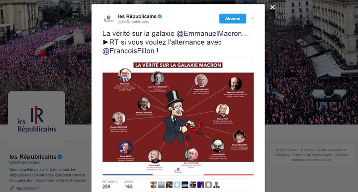 Les Républicains ont posté sur Twitter une caricature polémique d'Emmanuel Macron, vendredi 10 mars, avant de supprimer le tweet. (LES REPUBLICAINS / TWITTER)