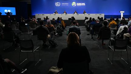 Une conférence de presse lors du lancement de la COP26 à Glasgow, en Ecosse, le 31 octobre 2021.&nbsp; (PAUL ELLIS / AFP)