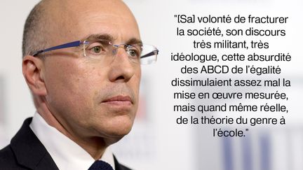 Le d&eacute;put&eacute;&nbsp;UMP des Alpes-Maritimes, Eric Ciotti, s'est inqui&eacute;t&eacute; de la nomination de Najat Vallaud-Belkacem au poste de ministre de l'Education nationale, lors d'une interview sur Sud Radio,&nbsp;le 28 ao&ucirc;t 2014. (KENZO TRIBOUILLARD / AFP)