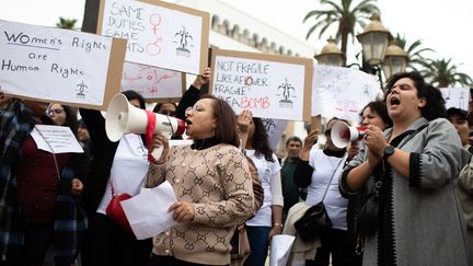 A demonstration for International Women's Rights Day, November 1, 2023, in Rabat (Morocco).  (MILLA MORISSON / HANS LUCAS / AFP)