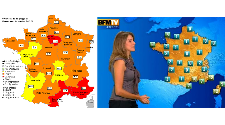 A gauche, la situation de la grippe en France durant la 5&egrave;me semaine de 2012. A droite, la carte m&eacute;t&eacute;o que BFM TV diffuse jeudi 9 f&eacute;vrier 2012. (GROG / BFMTV)