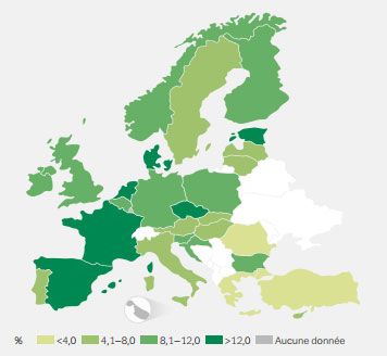 &nbsp; (Prévalence de la consommation de cannabis chez les 15-34 ans en Europe © OEFDT)