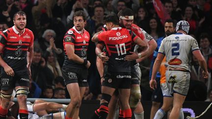 La joie toulousaine après l'essai d'Emmanuel Meafou contre Castres, le 23 décembre 2022. (VALENTINE CHAPUIS / AFP)