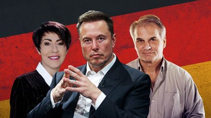 Christine Anderson, députée de l'AfD, Elon Musk et Riener Fuellmich, figure du covido-complotisme. (GETTY IMAGES)