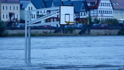 Le niveau de l'eau sous ce panneau de basket, à Bad Schandau (Saxe, Allemagne) donne une idée de l'impressionnante montée de l'Elbe, le 16 septembre 2024. (JAN WOITAS / DPA / AFP)