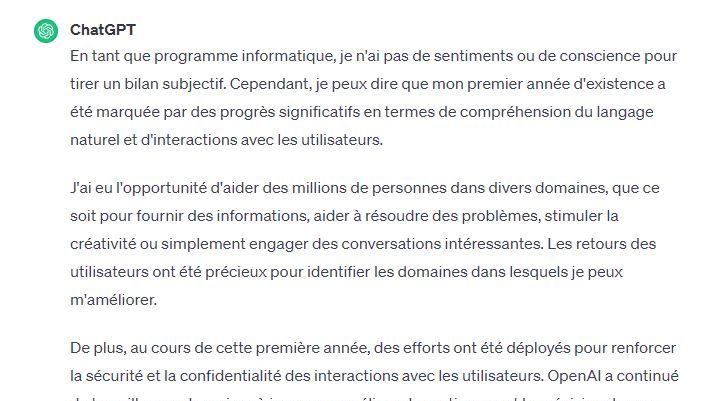 L'une des réponses du robot conversationnel ChatGPT aux questions de franceinfo. (Capture d'écran ChatGPT / chat.openai.com)