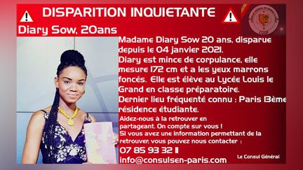 L'avis de recherche diffusé par le Consulat du Sénégal à Paris. (CONSULAT DU SENEGAL)